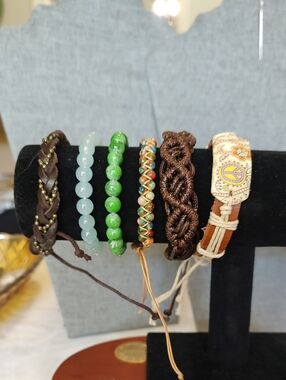 Six Leather,Glass, And Beaded Adjustable Bracelets